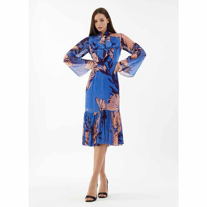 KoAi Blue and Orange Floral Midi Dress