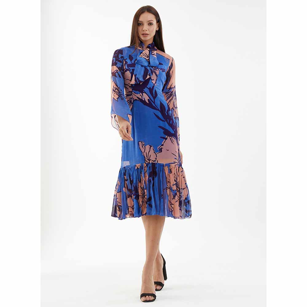 KoAi Blue and Orange Floral Midi Dress