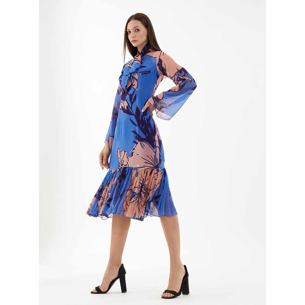 KoAi Blue and Orange Floral Midi Dress