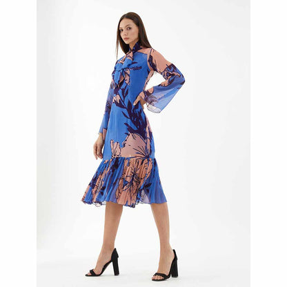KoAi Blue and Orange Floral Midi Dress