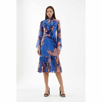 KoAi Blue and Orange Floral Midi Dress