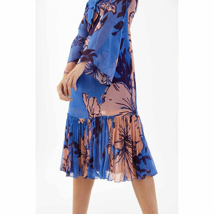 KoAi Blue and Orange Floral Midi Dress