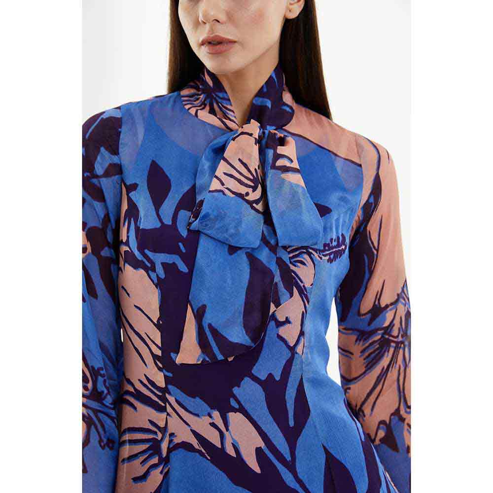 KoAi Blue and Orange Floral Midi Dress