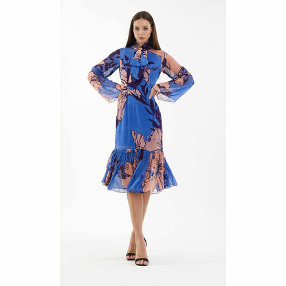 KoAi Blue and Orange Floral Midi Dress