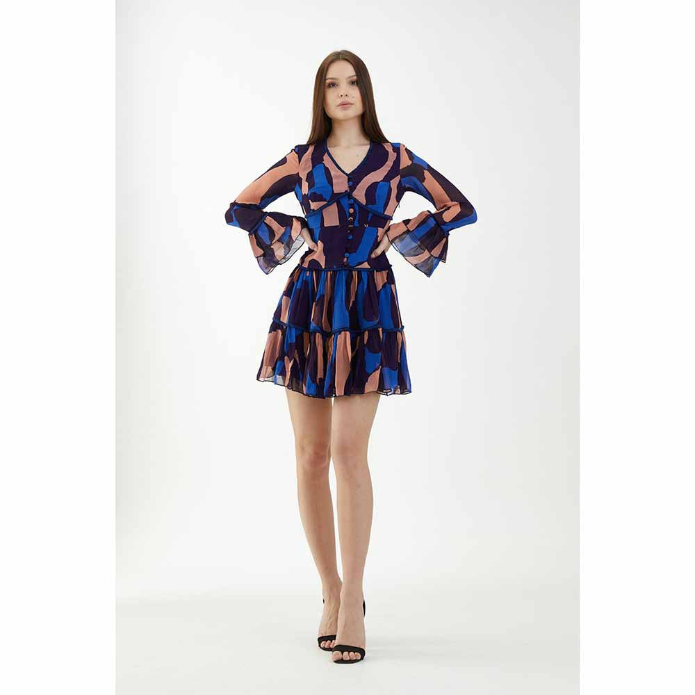KoAi Blue, Orange and Indigo Full Sleeves Dress