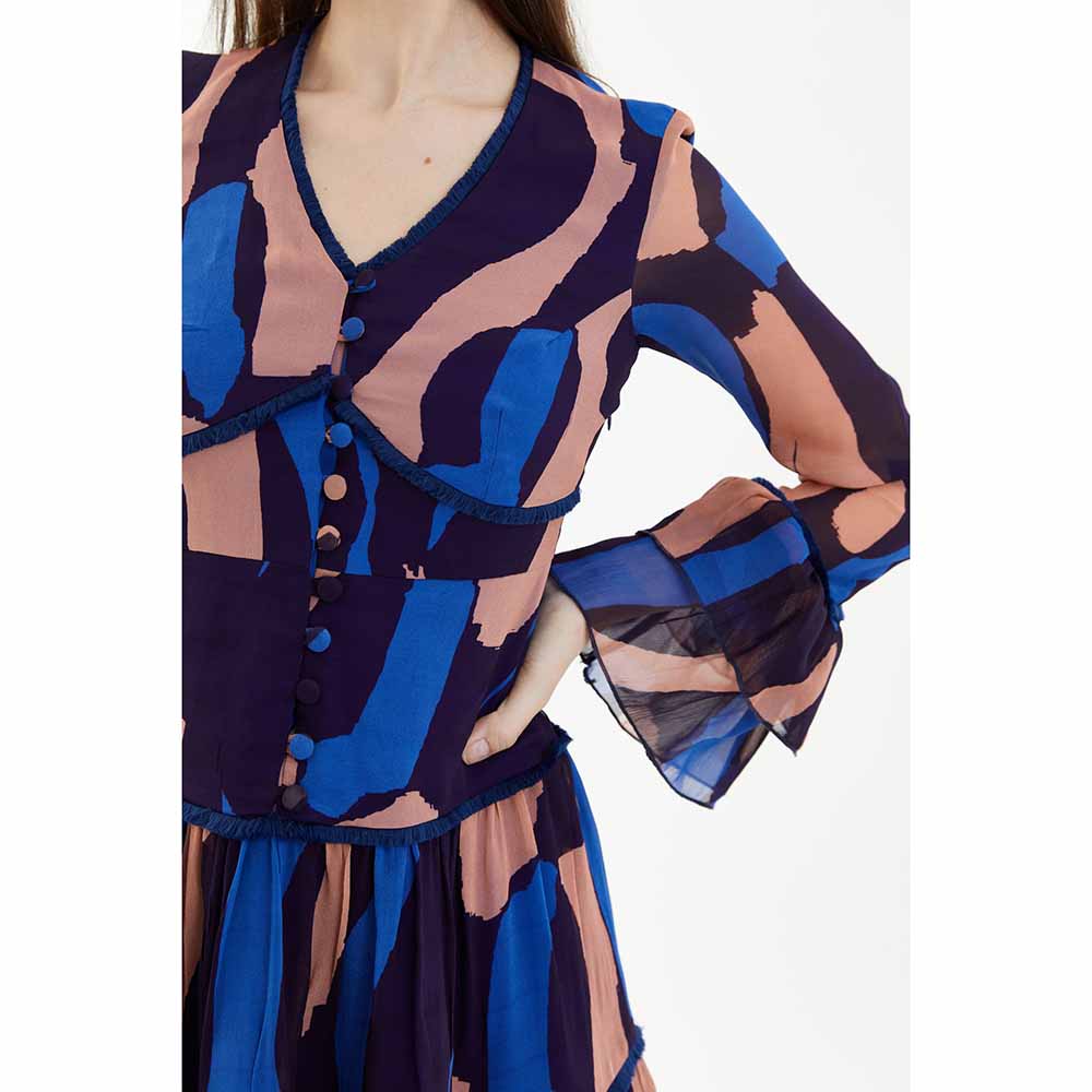 KoAi Blue, Orange and Indigo Full Sleeves Dress
