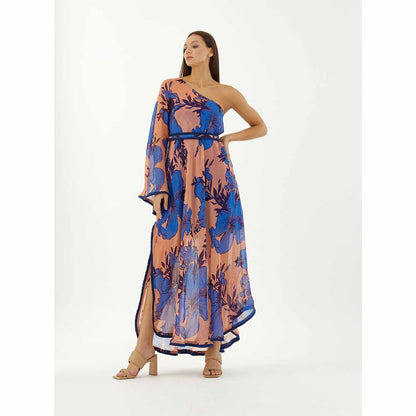 KoAi Blue and Orange Floral One Shoulder Dress (Set of 2)