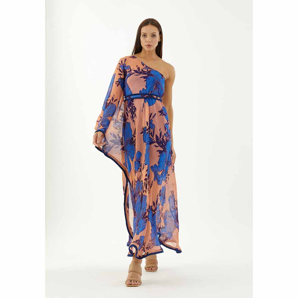 KoAi Blue and Orange Floral One Shoulder Dress (Set of 2)