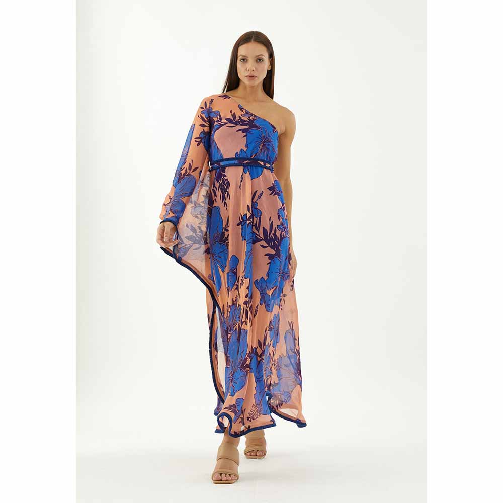 KoAi Blue and Orange Floral One Shoulder Dress (Set of 2)