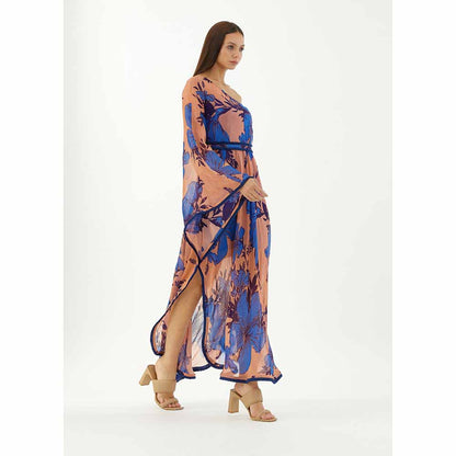 KoAi Blue and Orange Floral One Shoulder Dress (Set of 2)