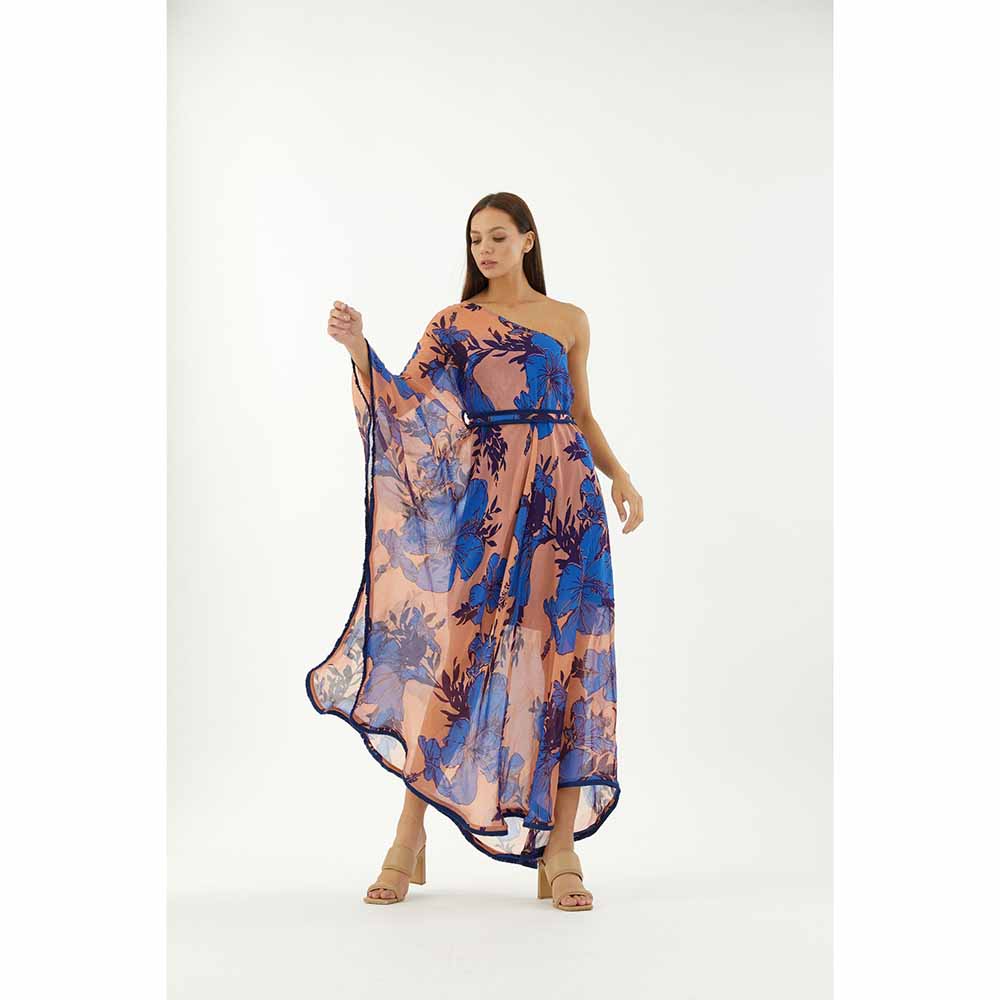 KoAi Blue and Orange Floral One Shoulder Dress (Set of 2)