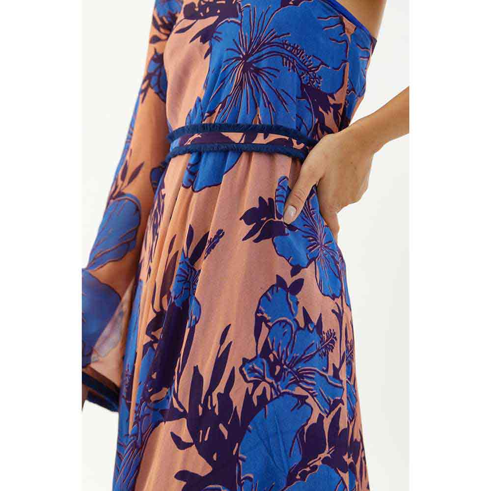 KoAi Blue and Orange Floral One Shoulder Dress (Set of 2)