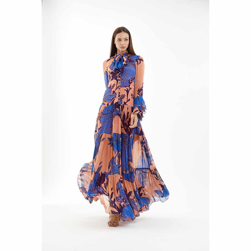 KoAi Blue and Orange Floral Long Dress
