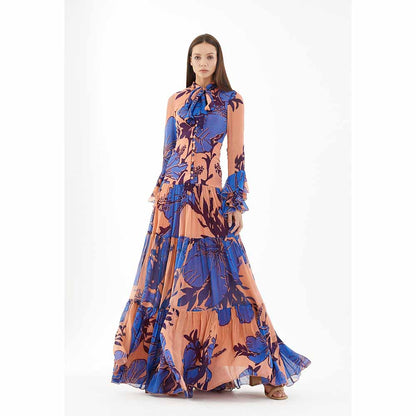 KoAi Blue and Orange Floral Long Dress