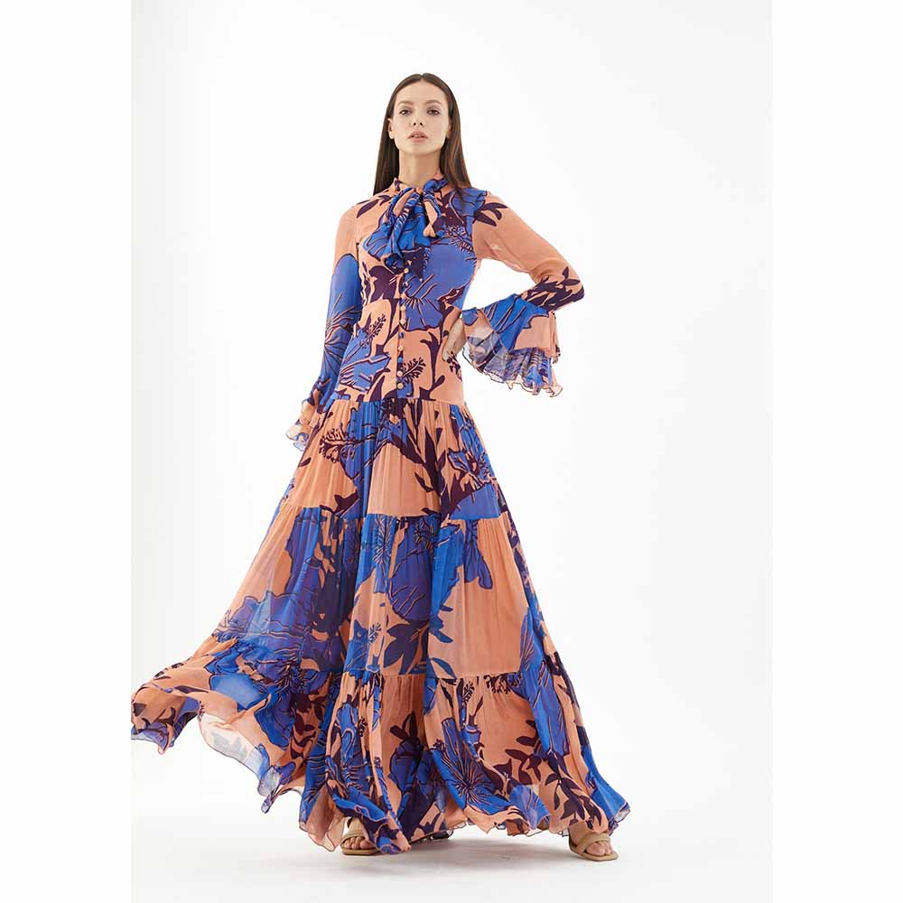 KoAi Blue and Orange Floral Long Dress
