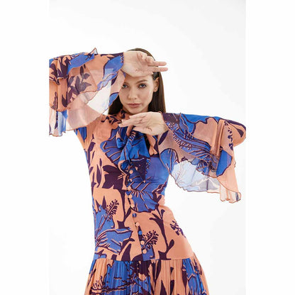 KoAi Blue and Orange Floral Long Dress