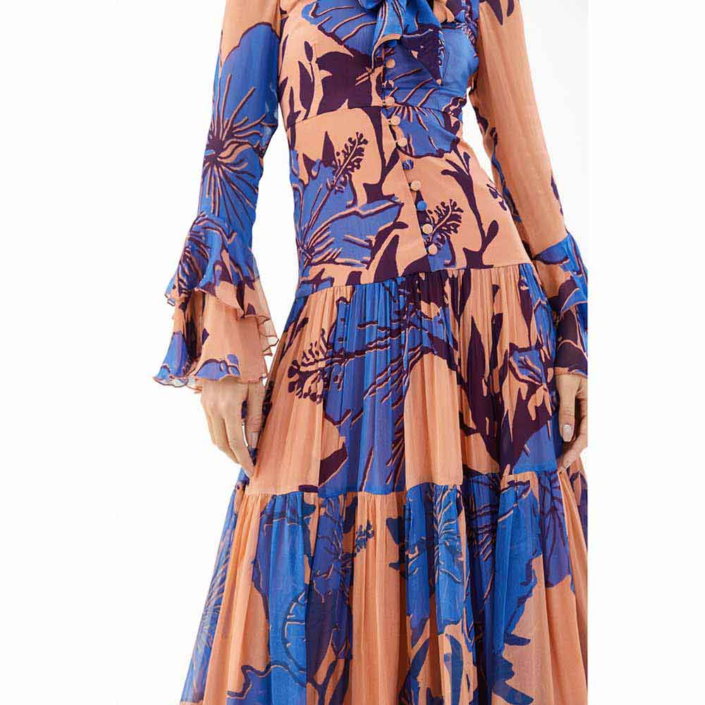 KoAi Blue and Orange Floral Long Dress