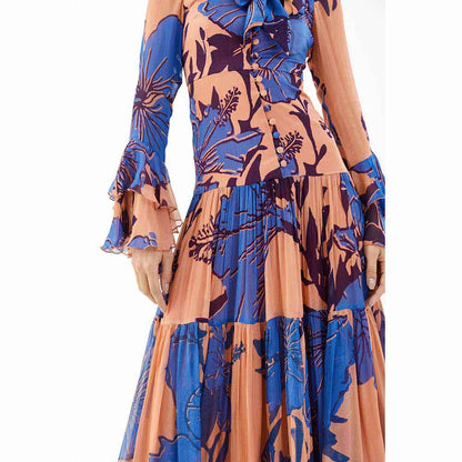 KoAi Blue and Orange Floral Long Dress