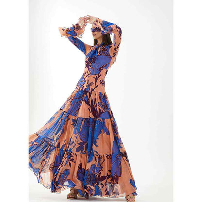 KoAi Blue and Orange Floral Long Dress