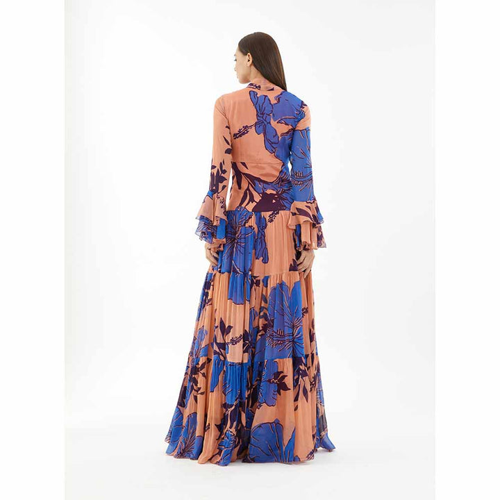 KoAi Blue and Orange Floral Long Dress