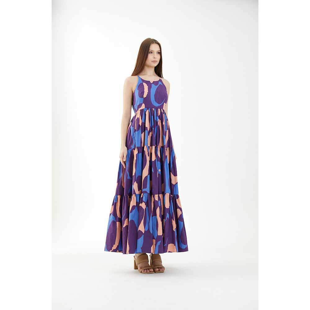 KoAi Blue, Orange and Indigo Sleeveless Three Tier Dress
