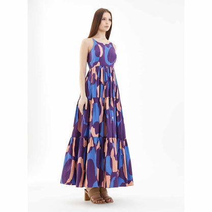 KoAi Blue, Orange and Indigo Sleeveless Three Tier Dress