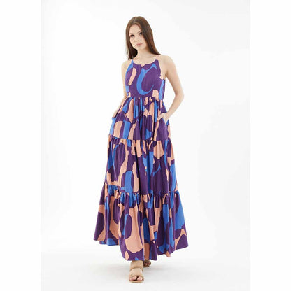 KoAi Blue, Orange and Indigo Sleeveless Three Tier Dress