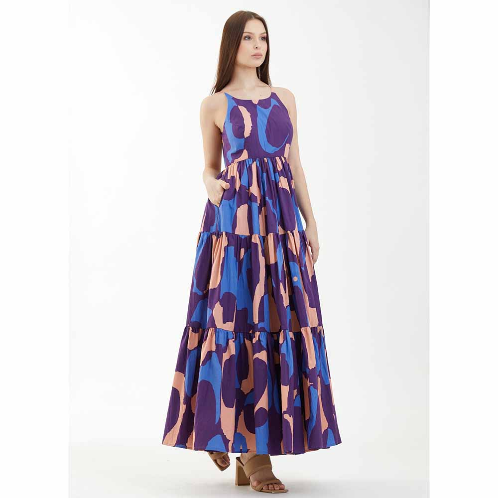 KoAi Blue, Orange and Indigo Sleeveless Three Tier Dress