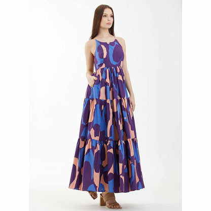 KoAi Blue, Orange and Indigo Sleeveless Three Tier Dress