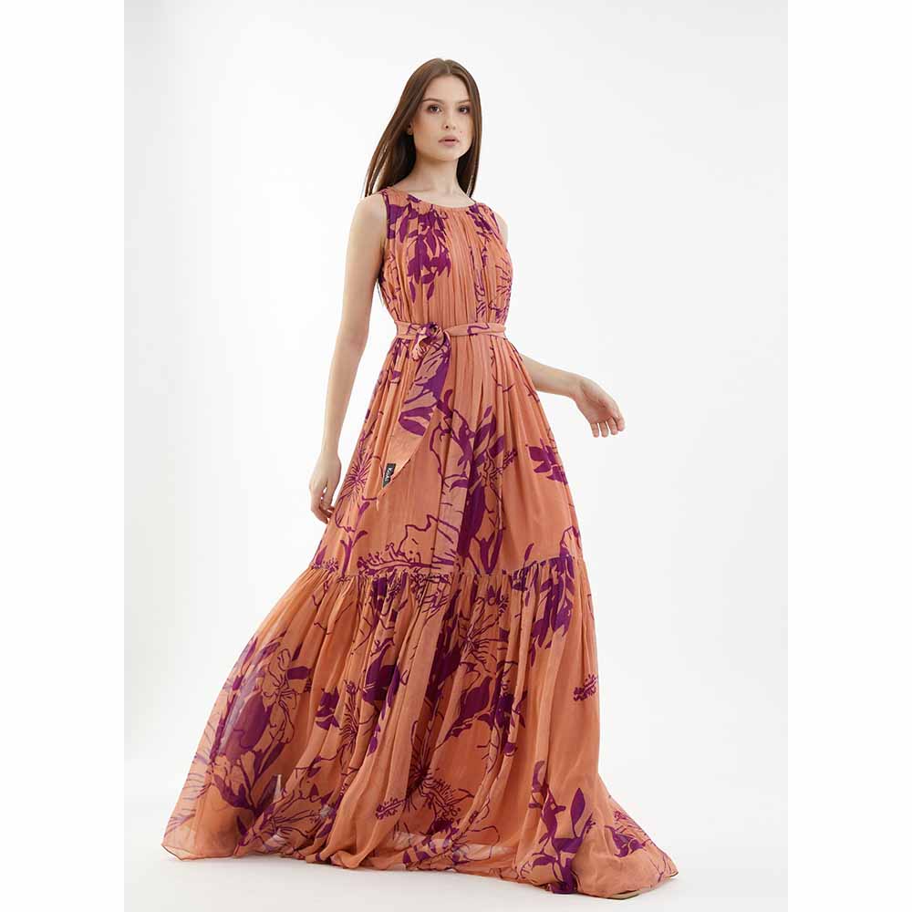 KoAi Orange and Purple Floral Sleeveless Long Dress (Set of 2)
