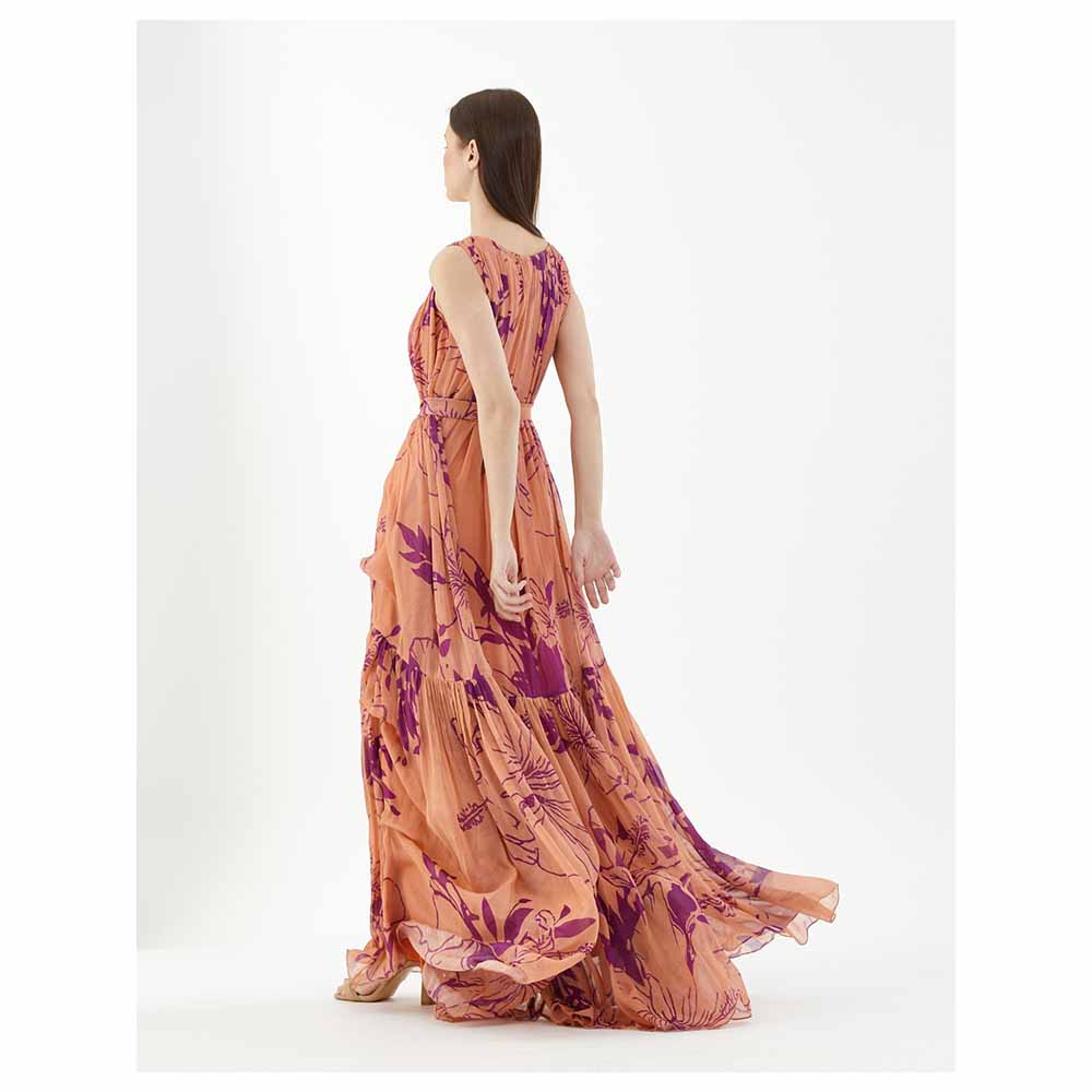 KoAi Orange and Purple Floral Sleeveless Long Dress (Set of 2)