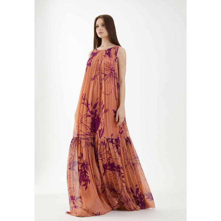 KoAi Orange and Purple Floral Sleeveless Long Dress (Set of 2)