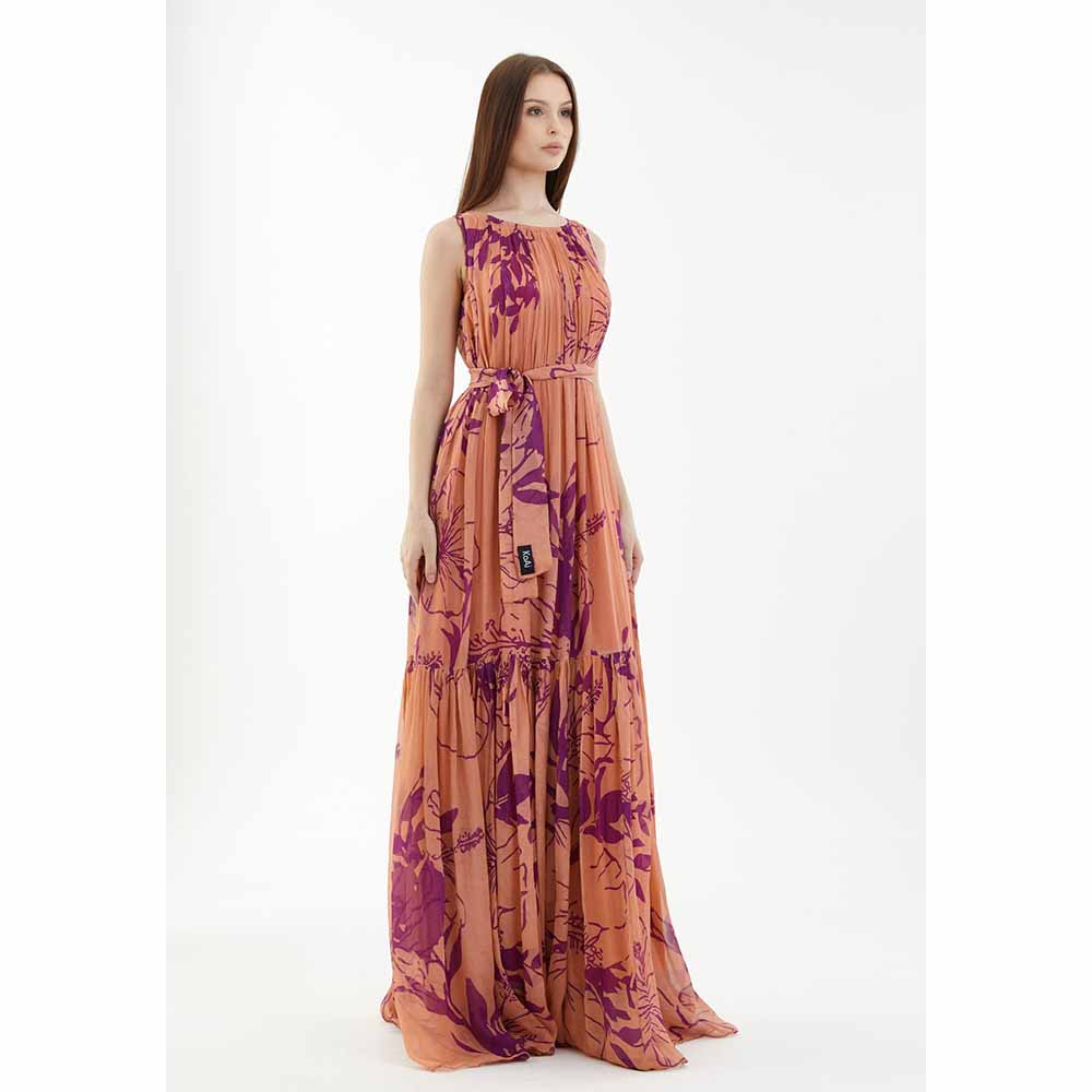 KoAi Orange and Purple Floral Sleeveless Long Dress (Set of 2)