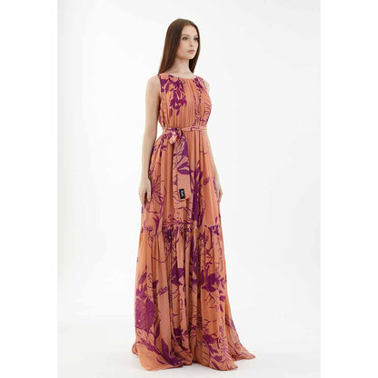 KoAi Orange and Purple Floral Sleeveless Long Dress (Set of 2)