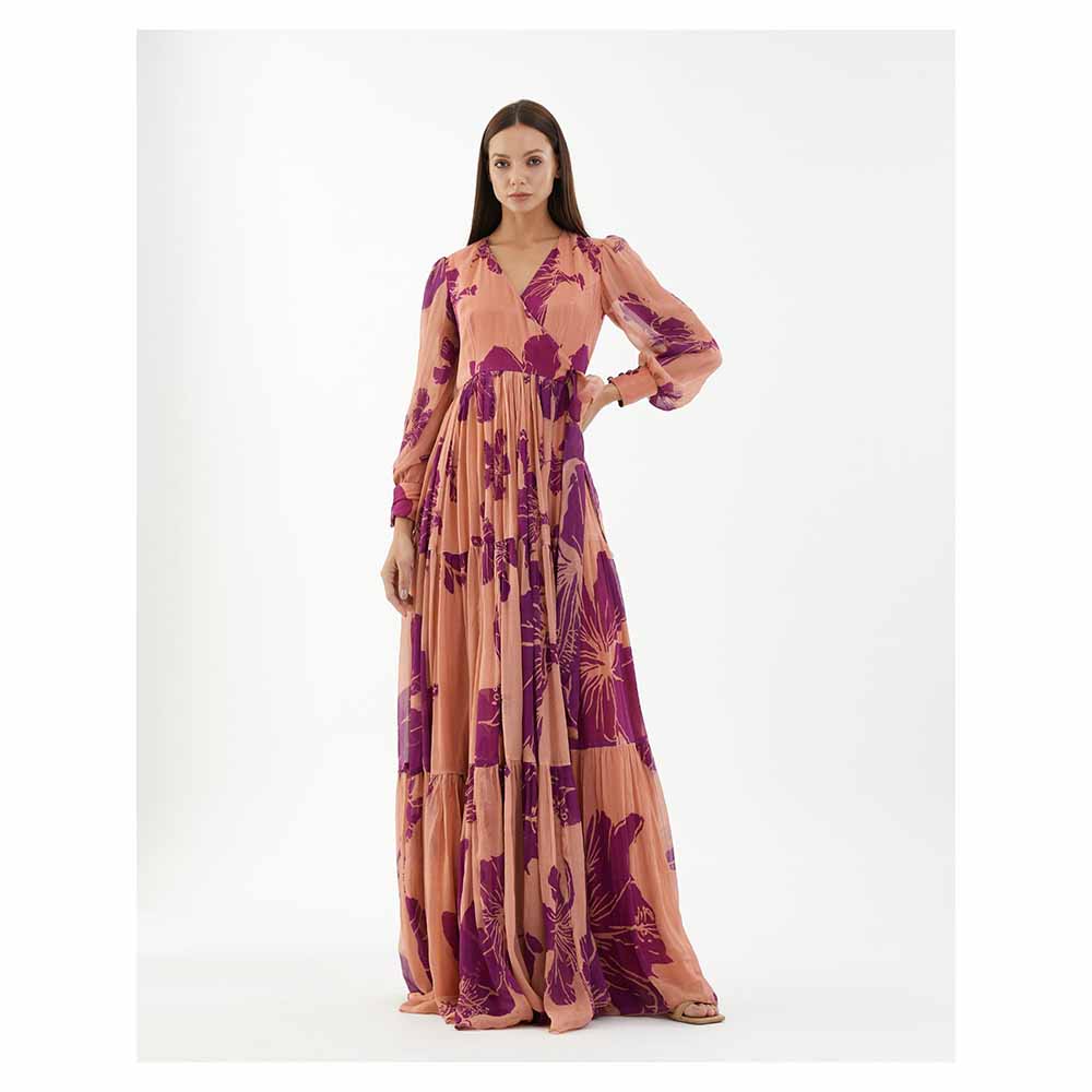 KoAi Orange and Purple Floral Long Wrap Dress