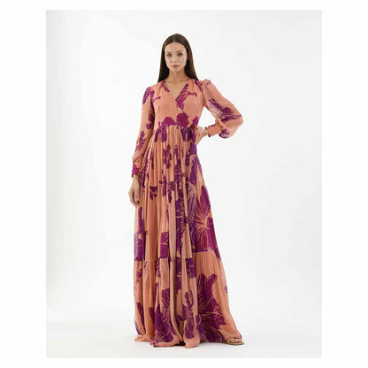 KoAi Orange and Purple Floral Long Wrap Dress