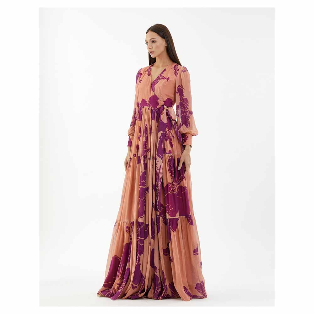 KoAi Orange and Purple Floral Long Wrap Dress