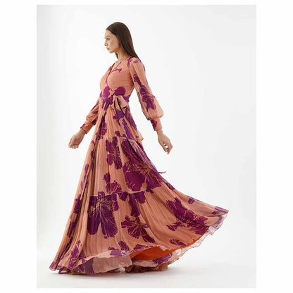 KoAi Orange and Purple Floral Long Wrap Dress