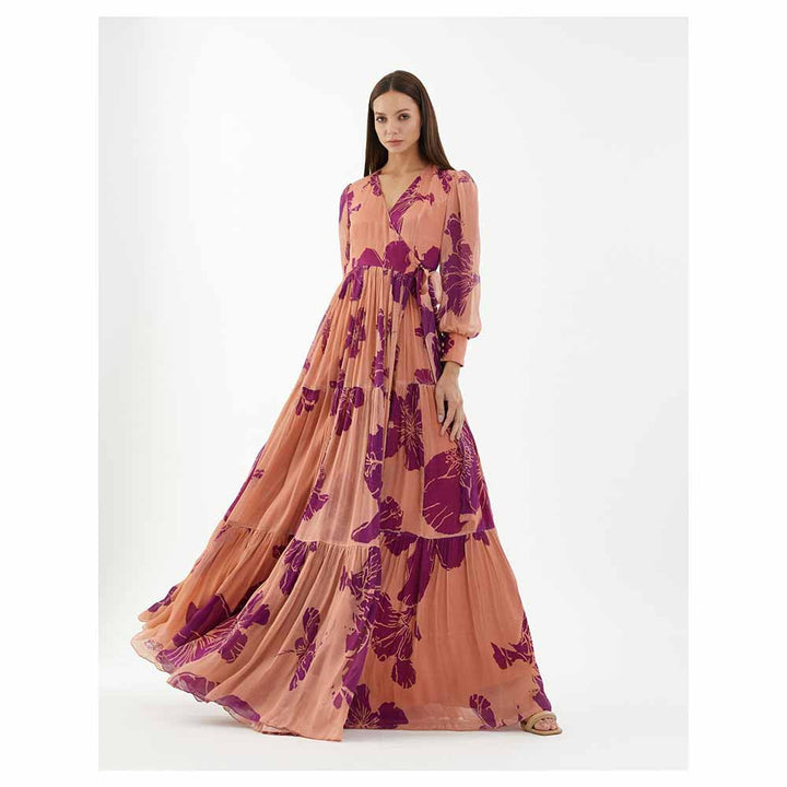 KoAi Orange and Purple Floral Long Wrap Dress