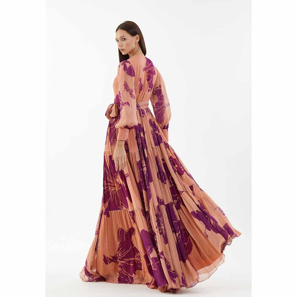 KoAi Orange and Purple Floral Long Wrap Dress