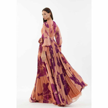 KoAi Orange and Purple Floral Long Wrap Dress
