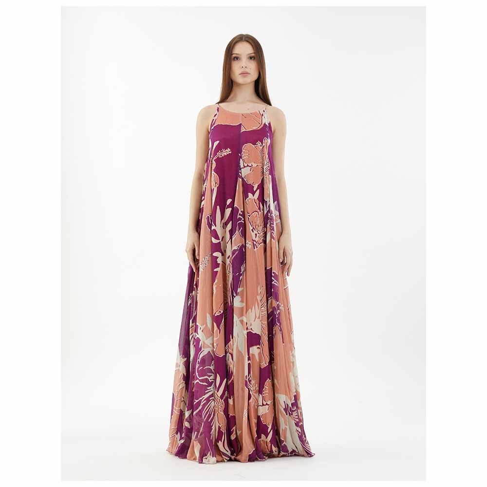 KoAi Purple, White and Orange Floral Spaghetti Long Dress