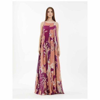 KoAi Purple, White and Orange Floral Spaghetti Long Dress