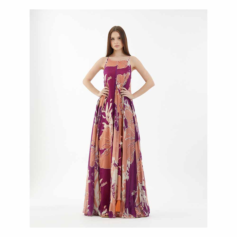 KoAi Purple, White and Orange Floral Spaghetti Long Dress