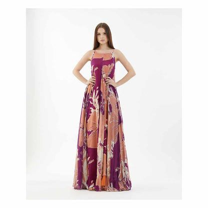 KoAi Purple, White and Orange Floral Spaghetti Long Dress
