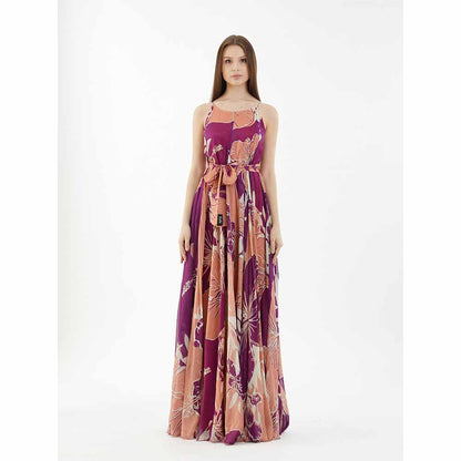 KoAi Purple, White and Orange Floral Spaghetti Long Dress