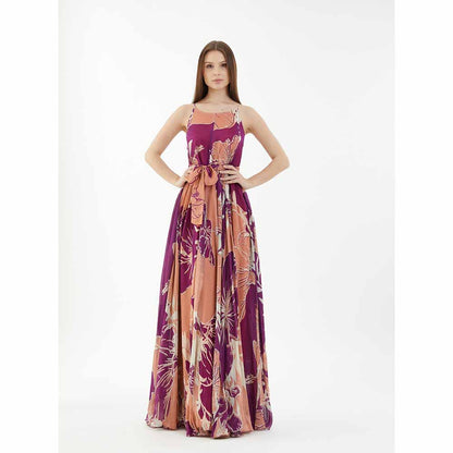 KoAi Purple, White and Orange Floral Spaghetti Long Dress