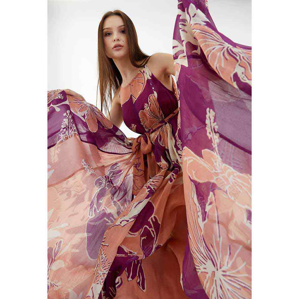 KoAi Purple, White and Orange Floral Spaghetti Long Dress