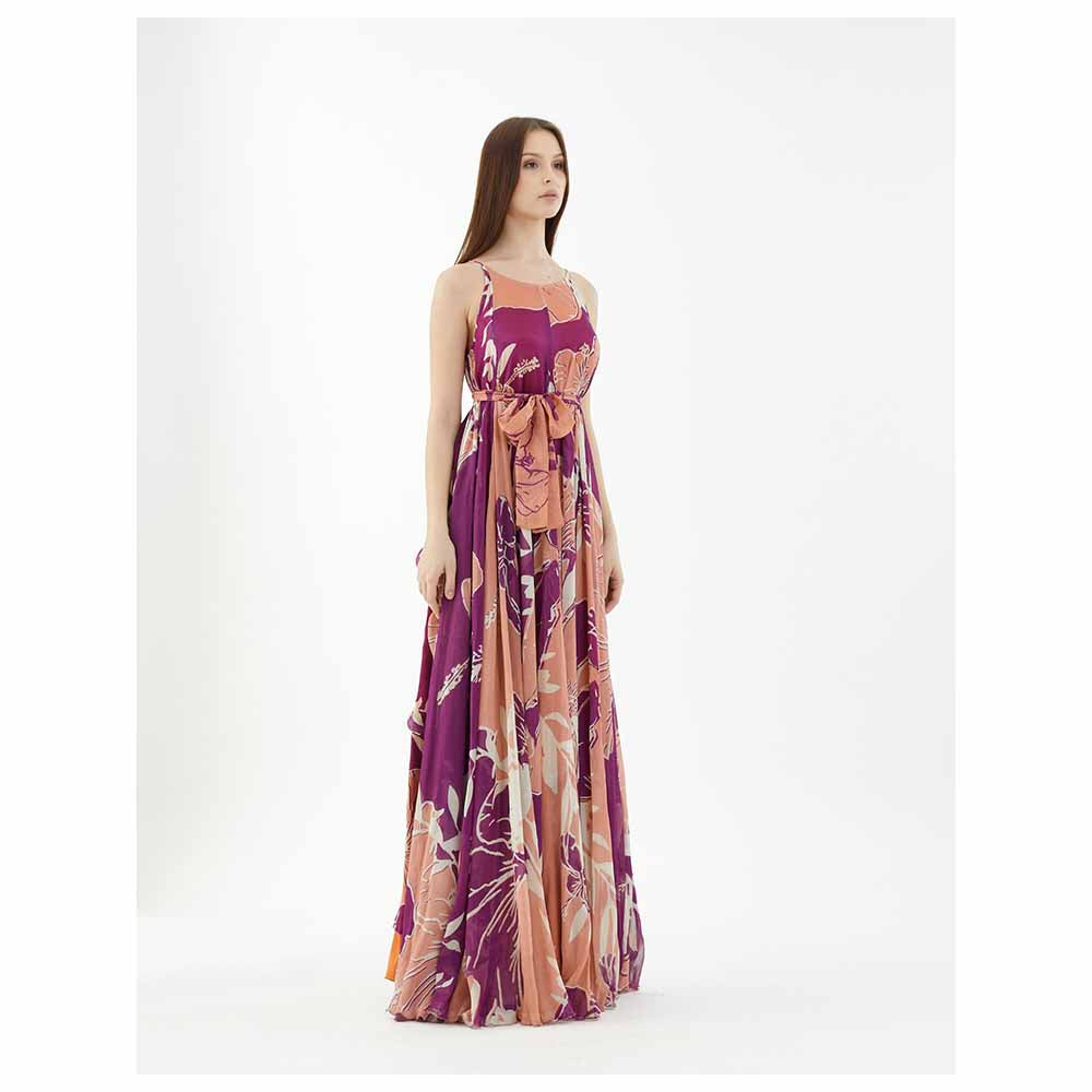 KoAi Purple, White and Orange Floral Spaghetti Long Dress