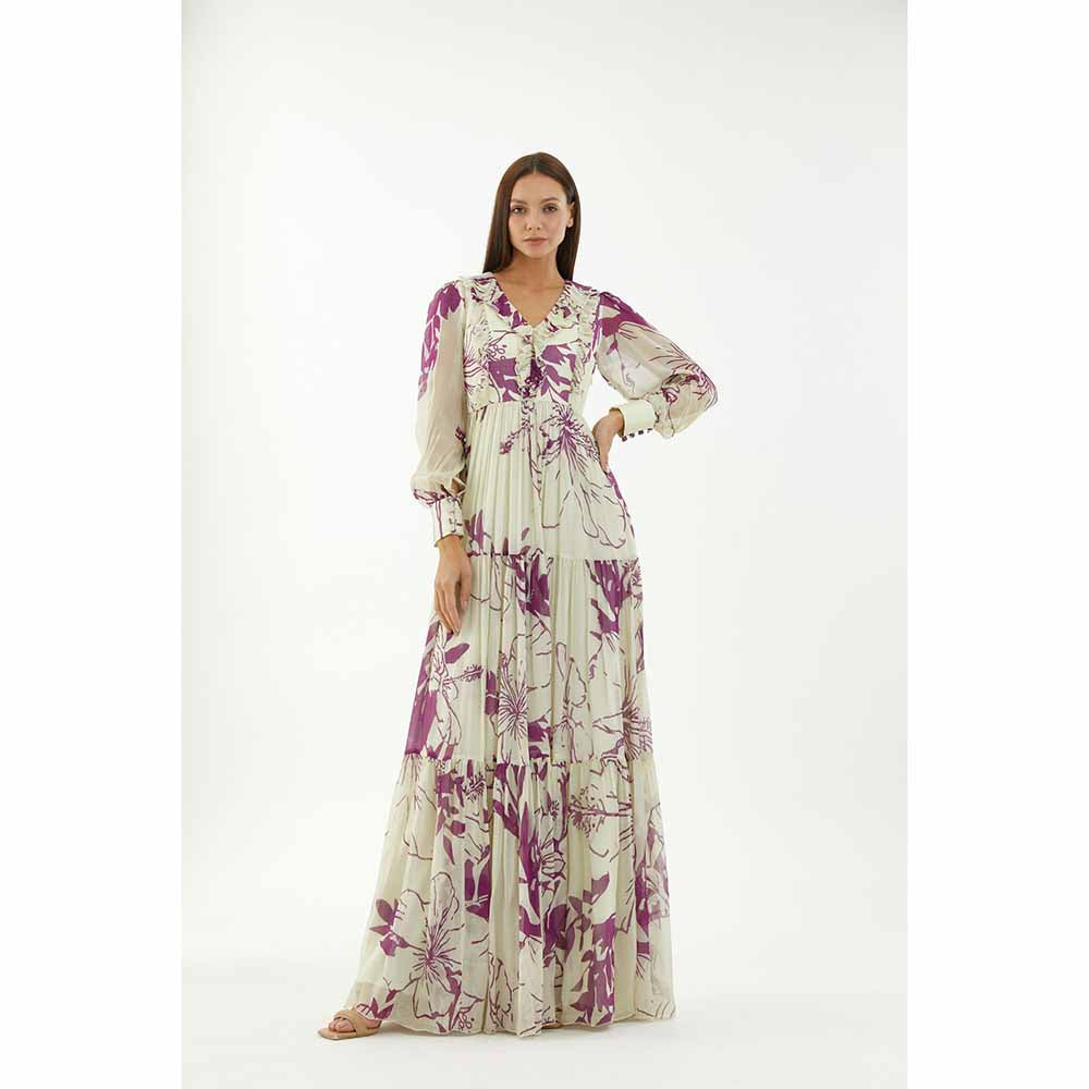 KoAi White and Purple Floral Long Dress